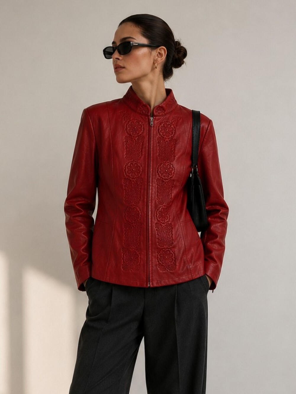 Vintage Nygard Collection Etched Vegan Leather Jacket Size M Red Floral Full Zip